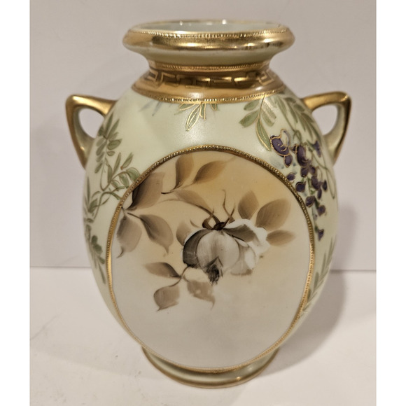 Nippon Morimura Bros. Hand Painted Japan Scenic Vase 6.75" Green Backstamp - Picture 1 of 10